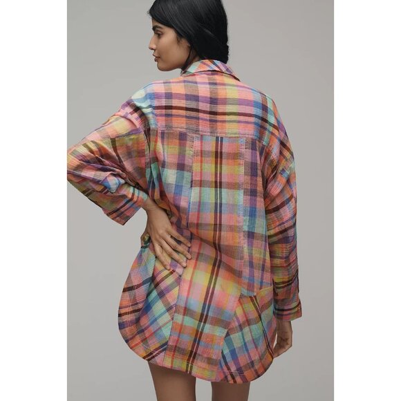 Pilcro Long-Sleeve Mixed Madras Plaid Oversized Buttondown Shirt 2X - Picture 4 of 4